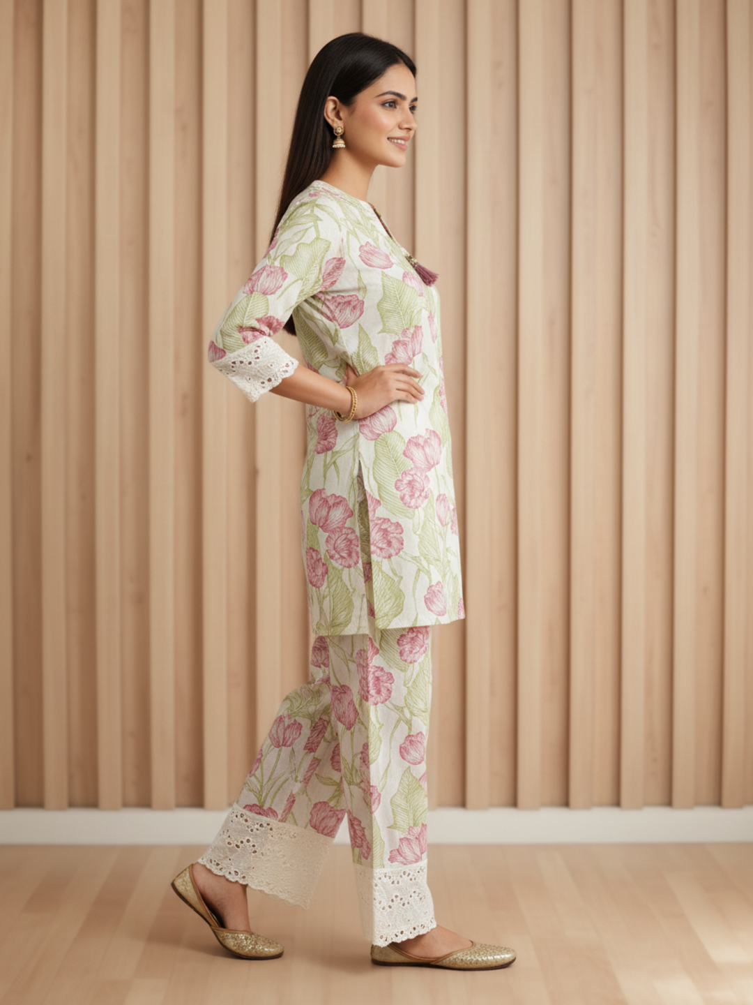 Floral Printed Lace Detailed Straight Kurta with Pant - Pastel Green