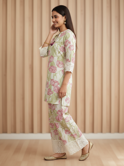 Floral Printed Lace Detailed Straight Kurta with Pant - Pastel Green