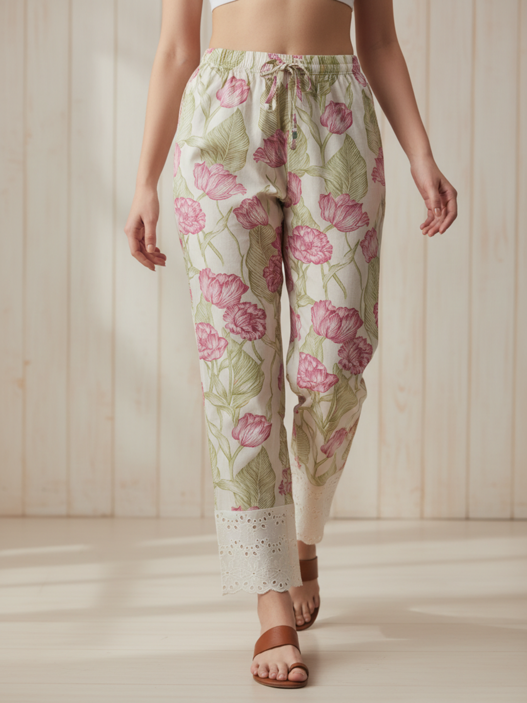 Floral Printed Lace Detailed Straight Kurta with Pant - Pastel Green