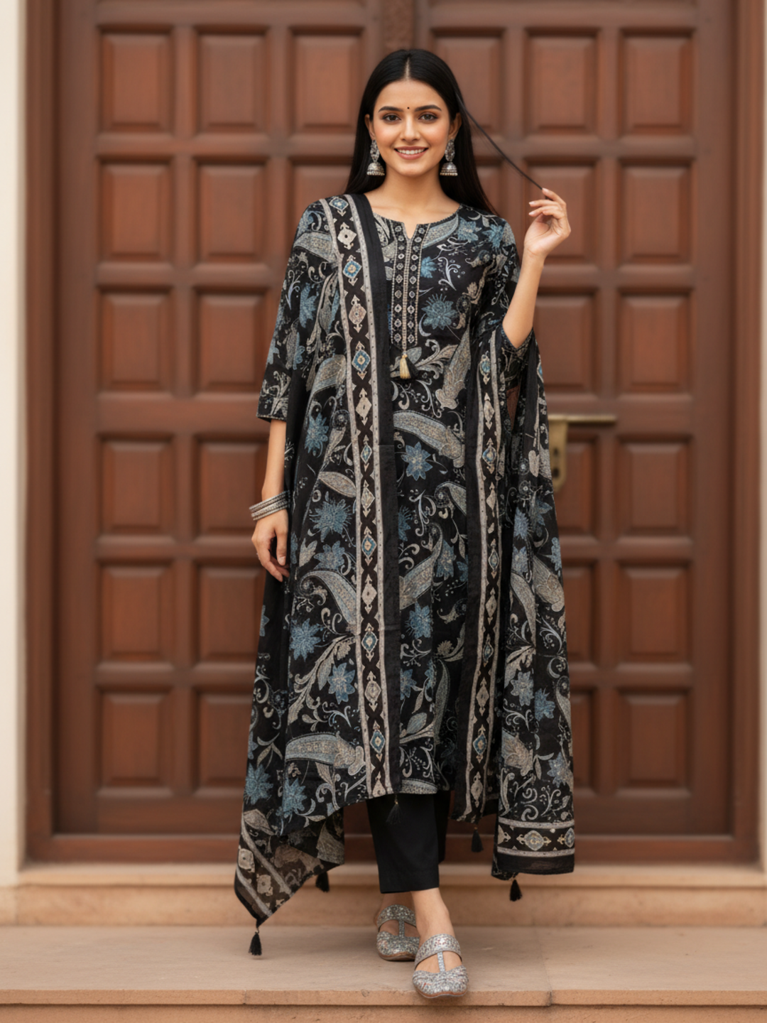 Ethnic Printed Mirror Work Straight Kurta with Palazzo & Dupatta - Black