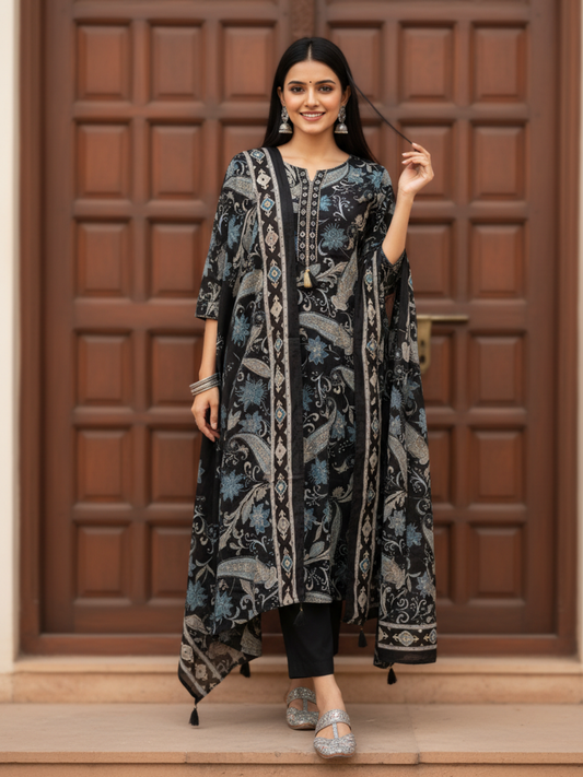 Ethnic Printed Mirror Work Straight Kurta with Palazzo & Dupatta - Black