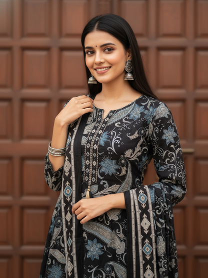 Ethnic Printed Mirror Work Straight Kurta with Palazzo & Dupatta - Black