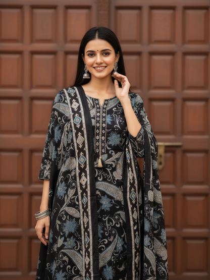 Ethnic Printed Mirror Work Straight Kurta with Palazzo & Dupatta - Black