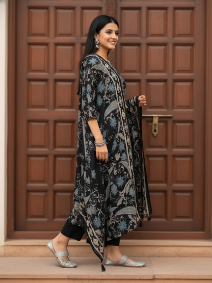Ethnic Printed Mirror Work Straight Kurta with Palazzo & Dupatta - Black