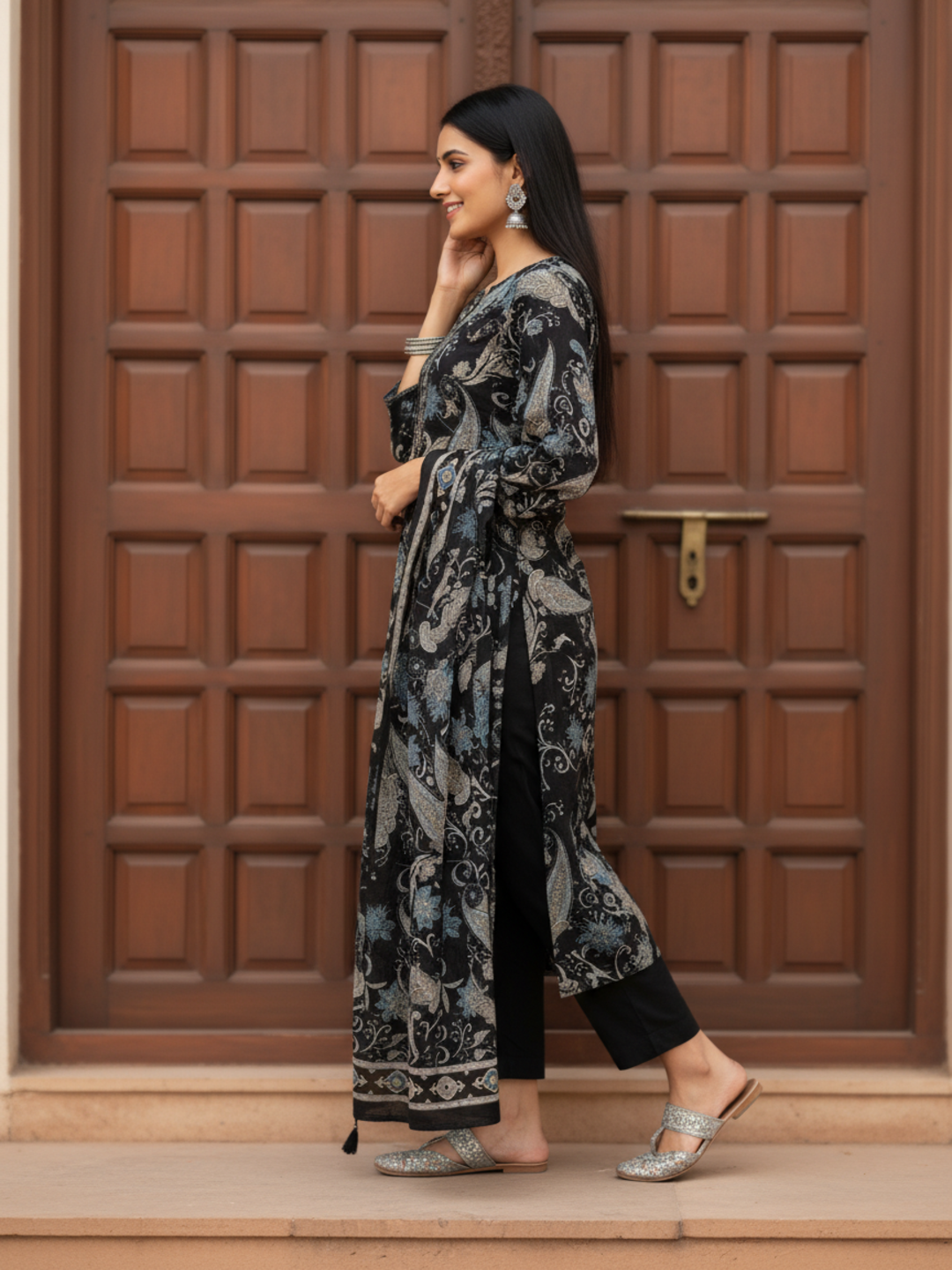 Ethnic Printed Mirror Work Straight Kurta with Palazzo & Dupatta - Black