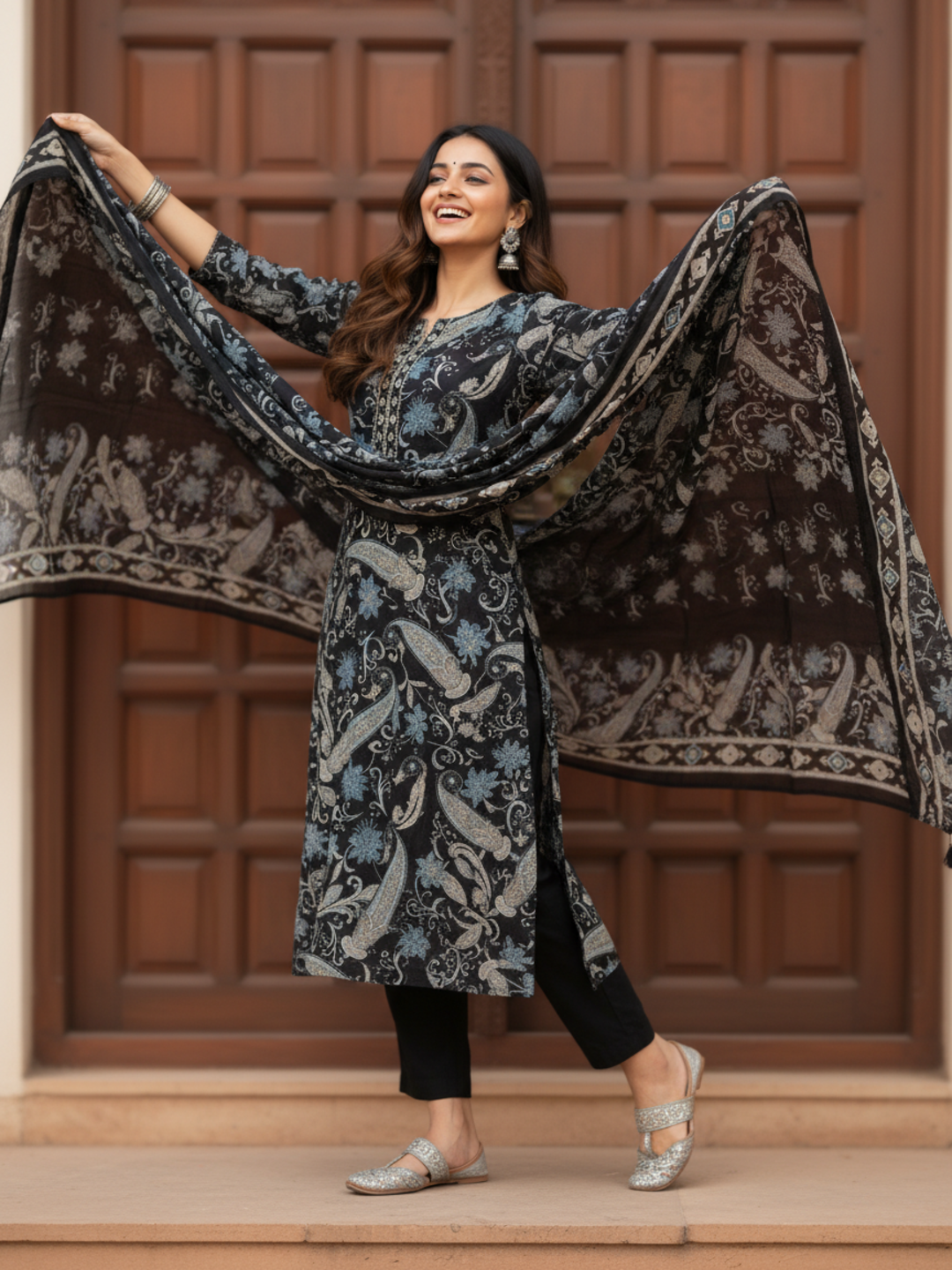 Ethnic Printed Mirror Work Straight Kurta with Palazzo & Dupatta - Black