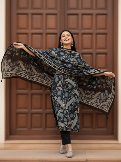 Ethnic Printed Mirror Work Straight Kurta with Palazzo & Dupatta - Black