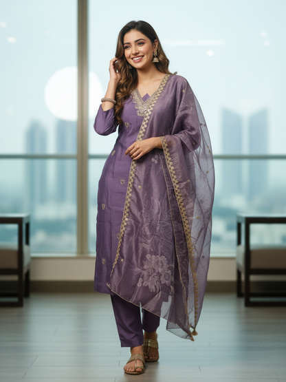 Solid Ethnic Embroidered Straight Kurta with Pant & Dupatta - Lavender