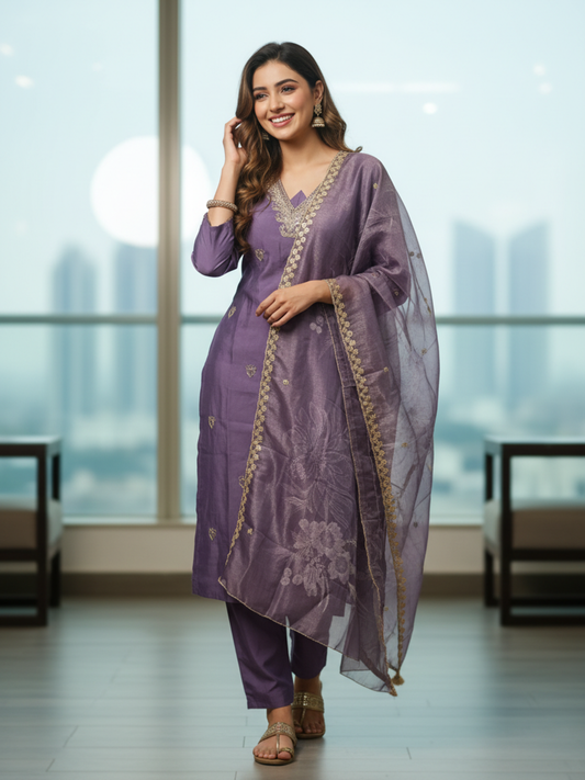 Solid Ethnic Embroidered Straight Kurta with Pant & Dupatta - Lavender