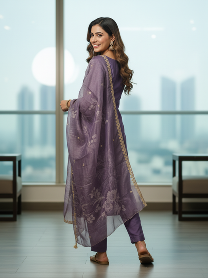 Solid Ethnic Embroidered Straight Kurta with Pant & Dupatta - Lavender