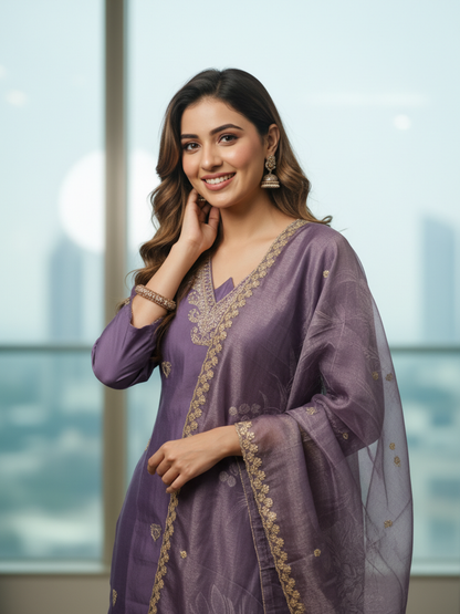 Solid Ethnic Embroidered Straight Kurta with Pant & Dupatta - Lavender