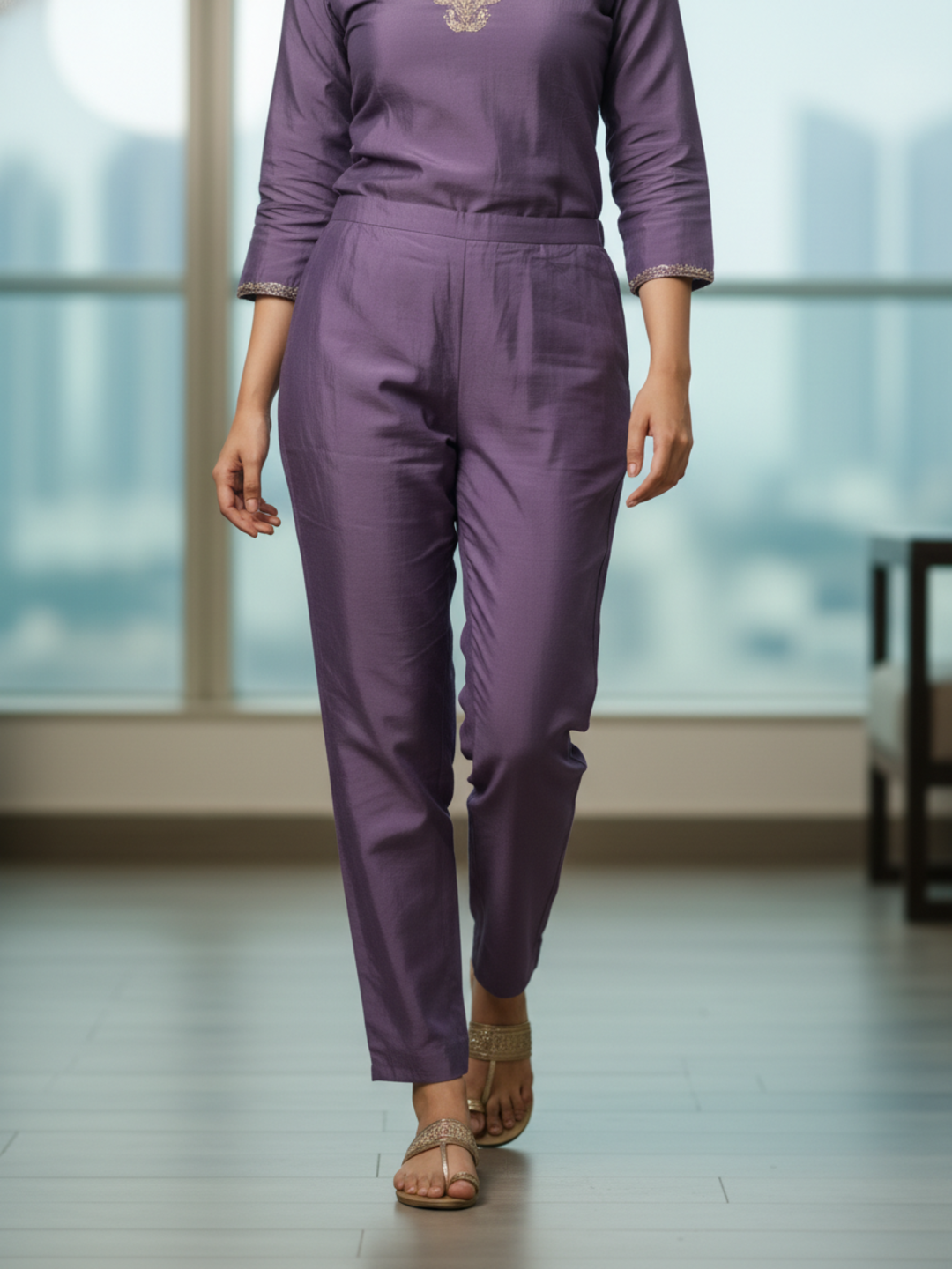Solid Ethnic Embroidered Straight Kurta with Pant & Dupatta - Lavender