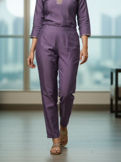 Solid Ethnic Embroidered Straight Kurta with Pant & Dupatta - Lavender