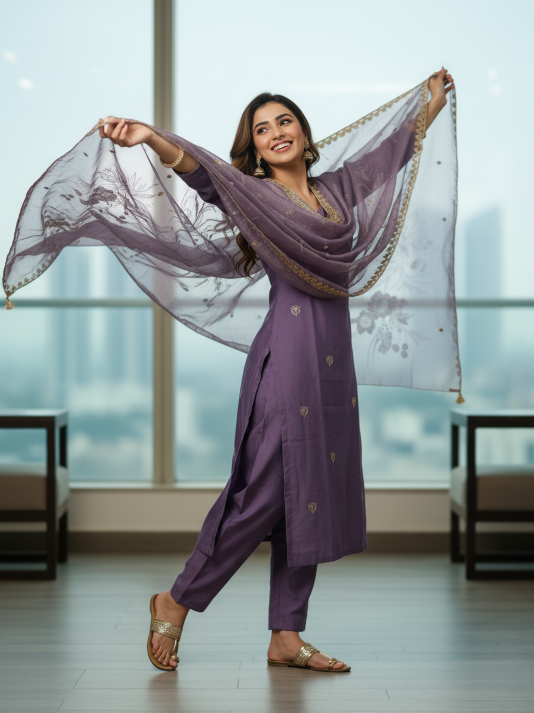 Solid Ethnic Embroidered Straight Kurta with Pant & Dupatta - Lavender