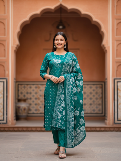 Floral & Bandhani Printed Sequin Embellished Straight Kurta with Palazzo & Dupatta - Teal