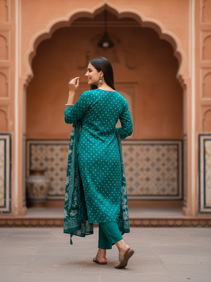 Floral & Bandhani Printed Sequin Embellished Straight Kurta with Palazzo & Dupatta - Teal