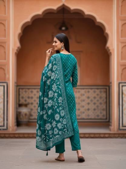 Floral & Bandhani Printed Sequin Embellished Straight Kurta with Palazzo & Dupatta - Teal