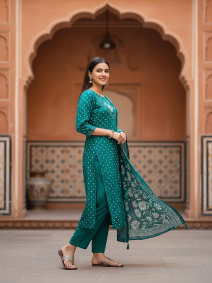 Floral & Bandhani Printed Sequin Embellished Straight Kurta with Palazzo & Dupatta - Teal