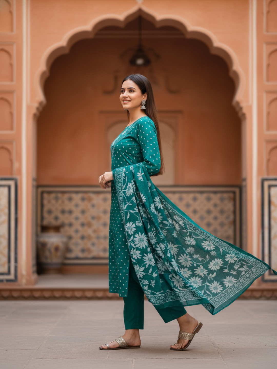 Floral & Bandhani Printed Sequin Embellished Straight Kurta with Palazzo & Dupatta - Teal