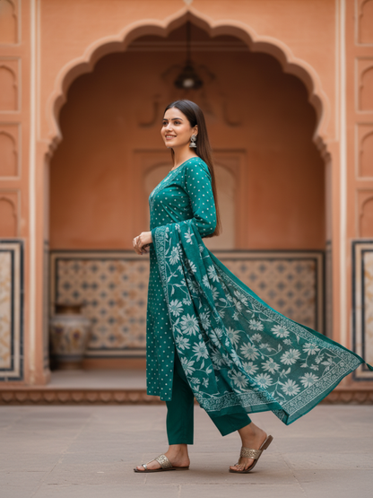 Floral & Bandhani Printed Sequin Embellished Straight Kurta with Palazzo & Dupatta - Teal