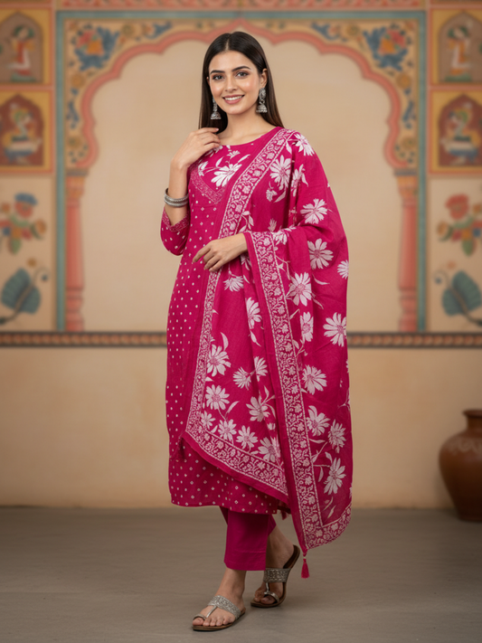 Floral & Bandhani Printed Sequin Embellished Straight Kurta with Palazzo & Dupatta - Rani Pink