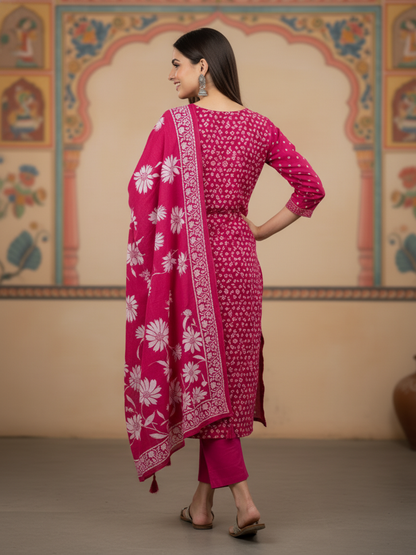 Floral & Bandhani Printed Sequin Embellished Straight Kurta with Palazzo & Dupatta - Rani Pink
