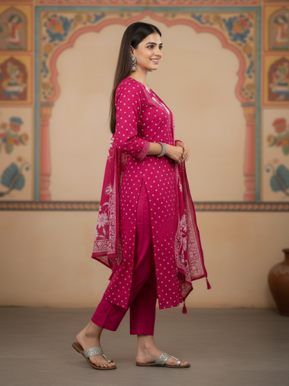 Floral & Bandhani Printed Sequin Embellished Straight Kurta with Palazzo & Dupatta - Rani Pink