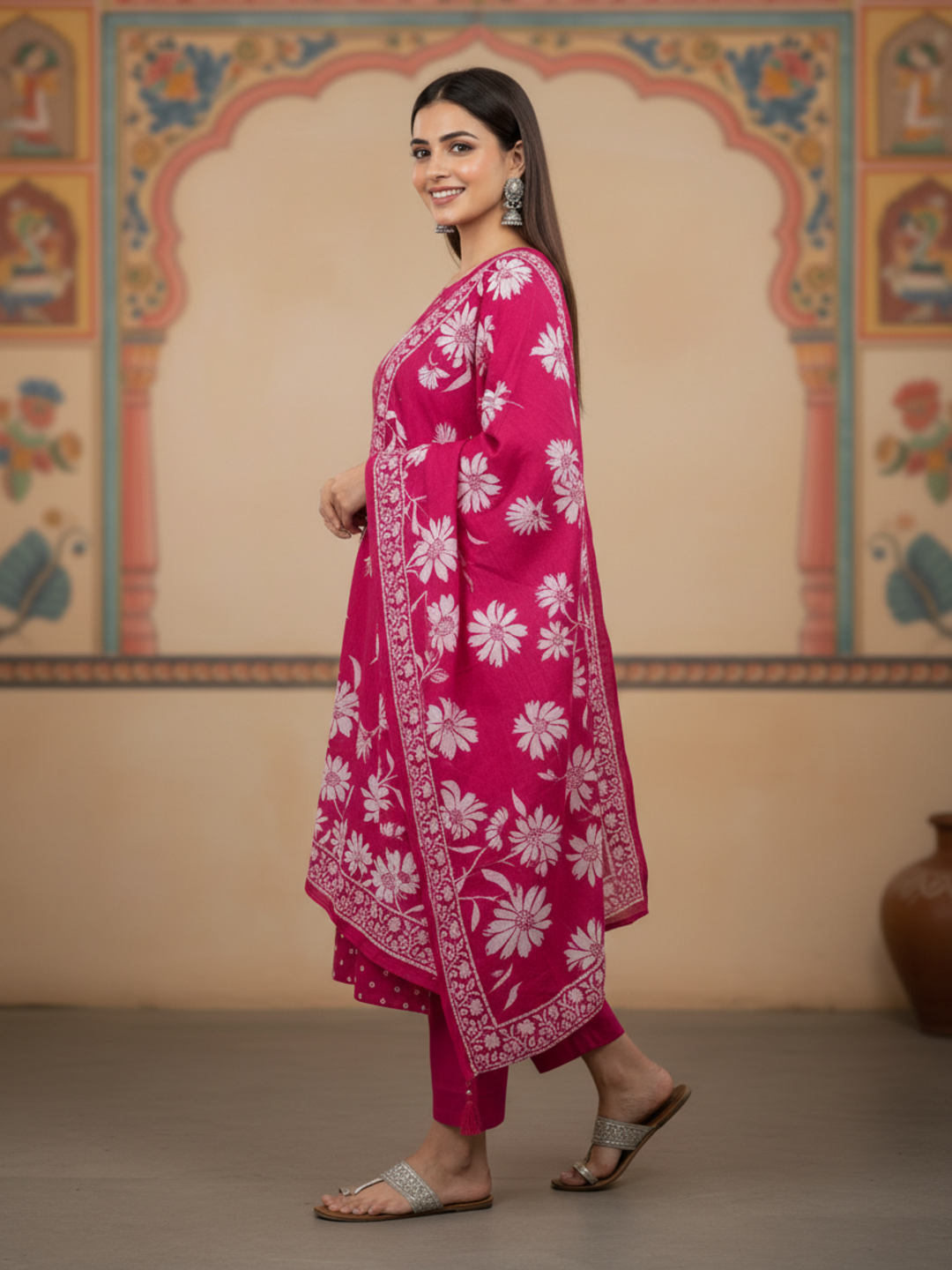 Floral & Bandhani Printed Sequin Embellished Straight Kurta with Palazzo & Dupatta - Rani Pink