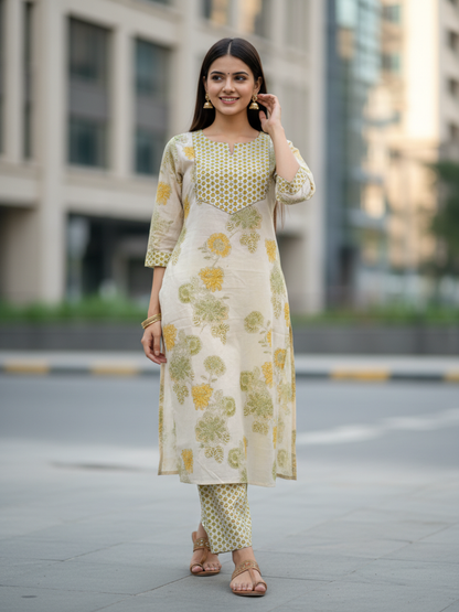 Ethnic Printed Straight Fit Kurta with Pant - Yellow