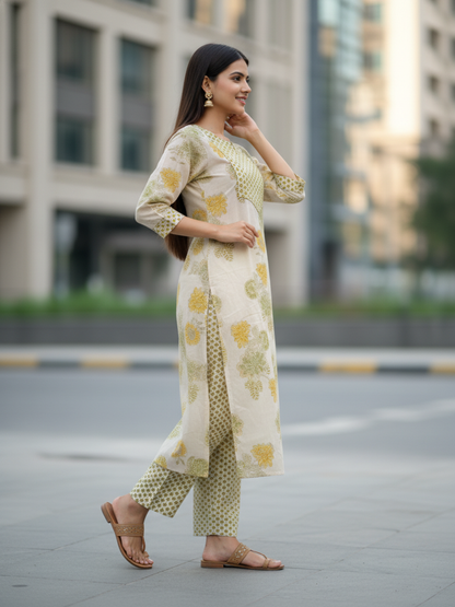 Ethnic Printed Straight Fit Kurta with Pant - Yellow