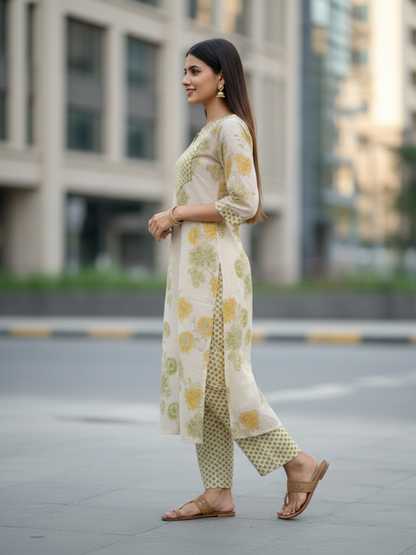 Ethnic Printed Straight Fit Kurta with Pant - Yellow