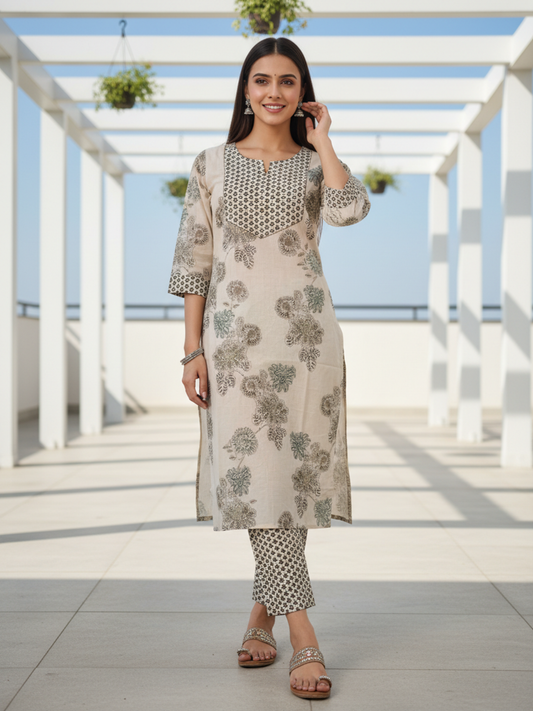 Ethnic Printed Straight Fit Kurta with Pant - Cream