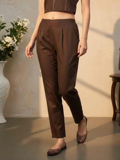 Floral Printed Embroidered Straight Kurta with Pant & Dupatta - Brown
