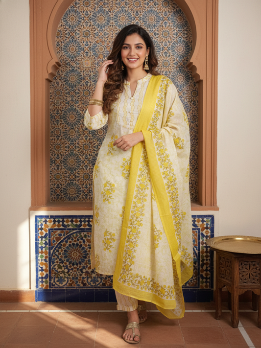 Ethnic Printed Straight Fit Kurta with Pant & Dupatta - Yellow