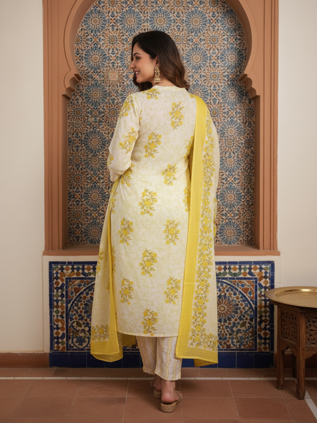 Ethnic Printed Straight Fit Kurta with Pant & Dupatta - Yellow