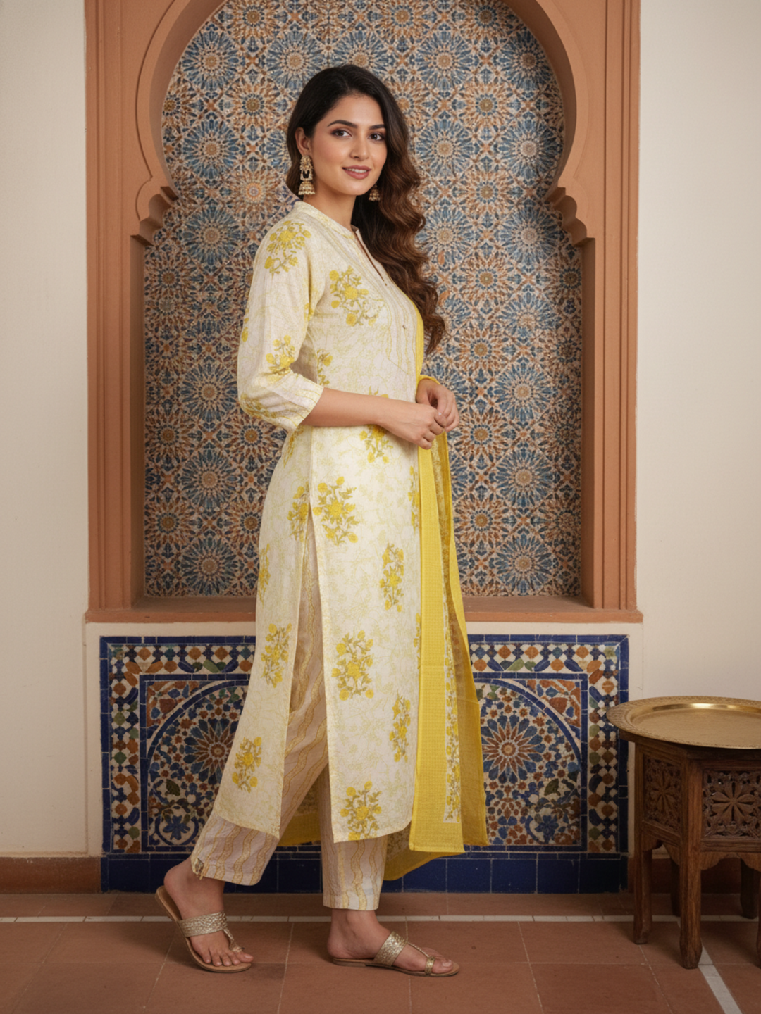 Ethnic Printed Straight Fit Kurta with Pant & Dupatta - Yellow