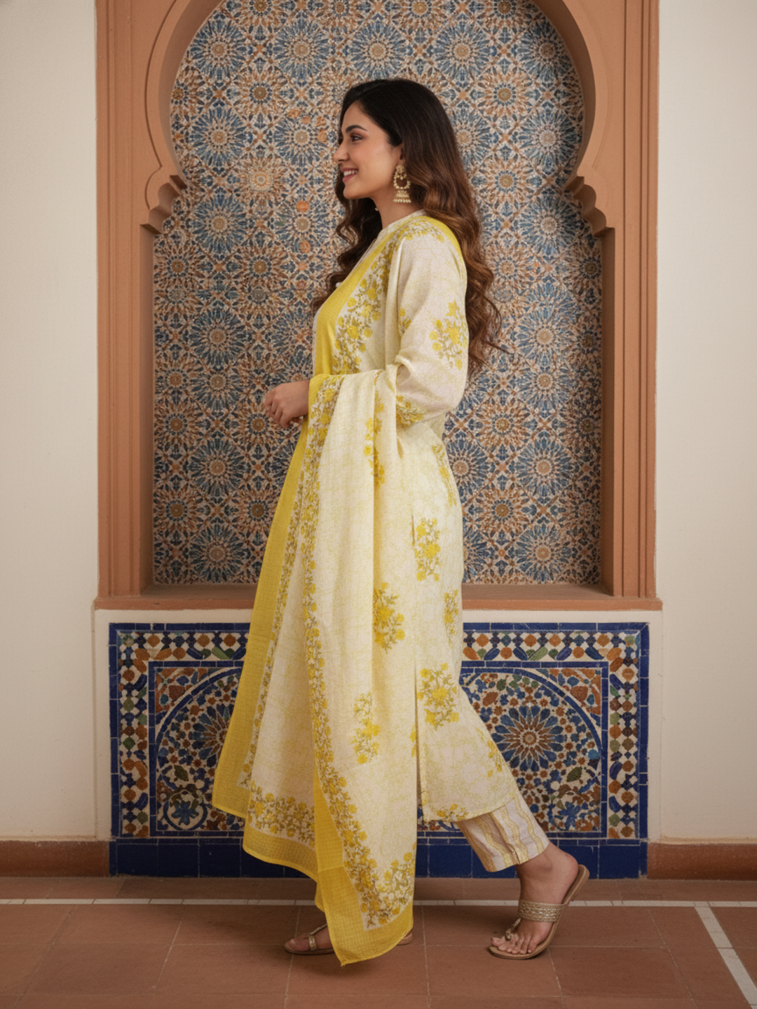 Ethnic Printed Straight Fit Kurta with Pant & Dupatta - Yellow