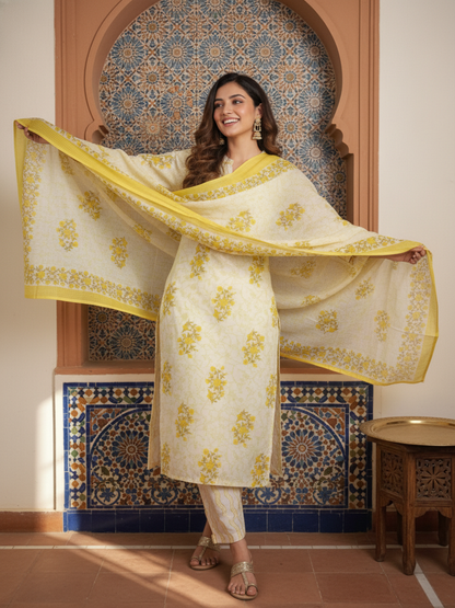Ethnic Printed Straight Fit Kurta with Pant & Dupatta - Yellow