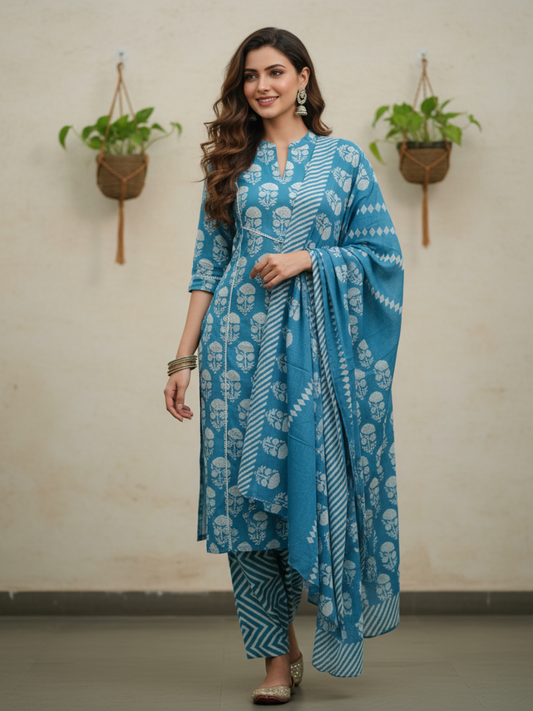 Floral & Ethnic Printed Sequin Embellished Straight Kurta with Pant & Dupatta - Blue