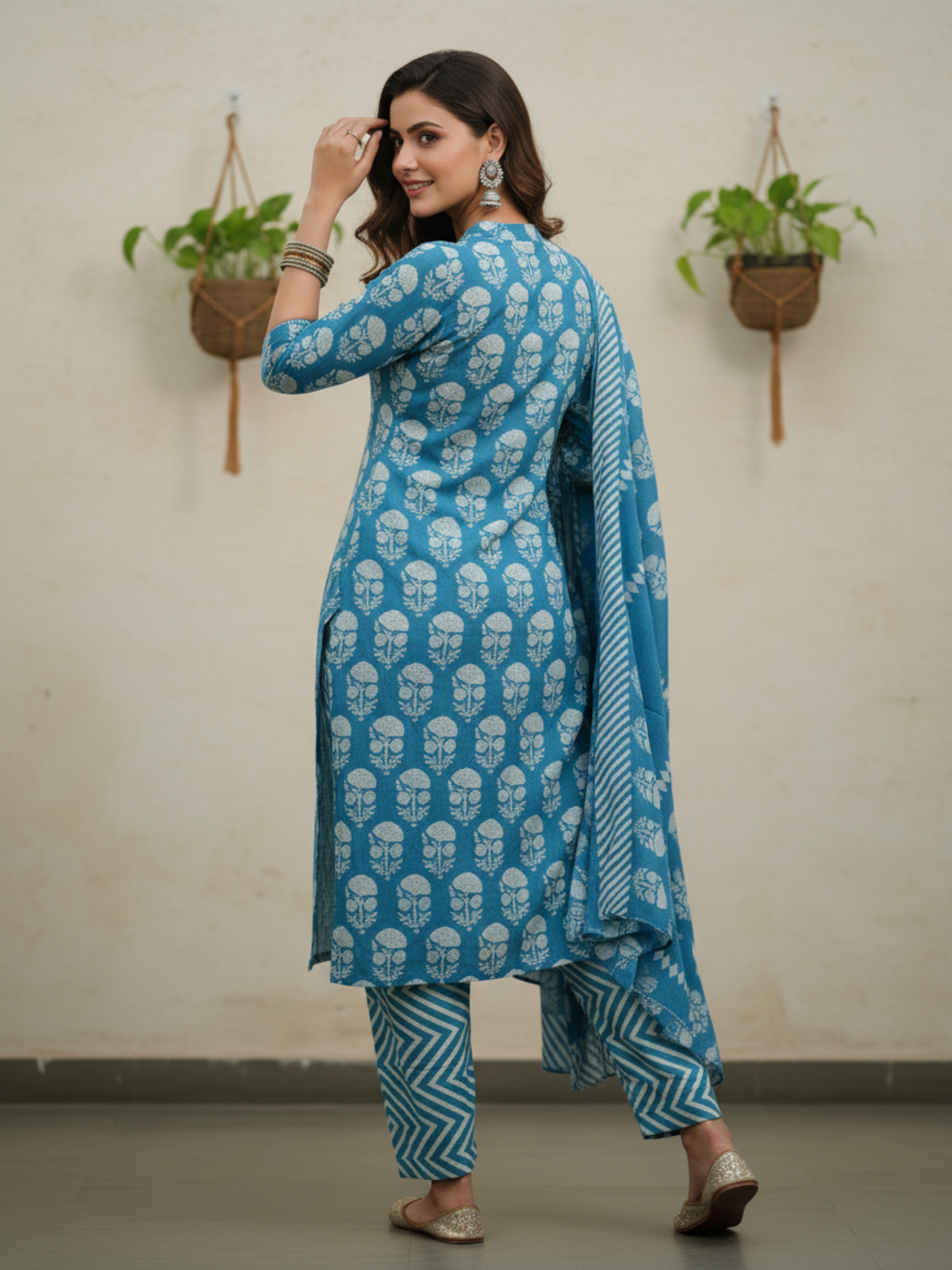 Floral & Ethnic Printed Sequin Embellished Straight Kurta with Pant & Dupatta - Blue