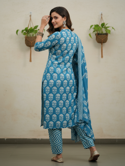 Floral & Ethnic Printed Sequin Embellished Straight Kurta with Pant & Dupatta - Blue