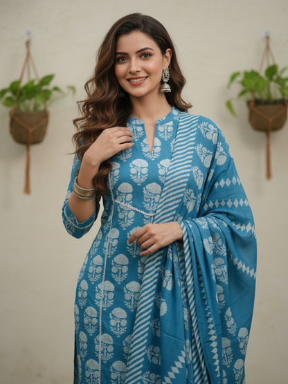 Floral & Ethnic Printed Sequin Embellished Straight Kurta with Pant & Dupatta - Blue
