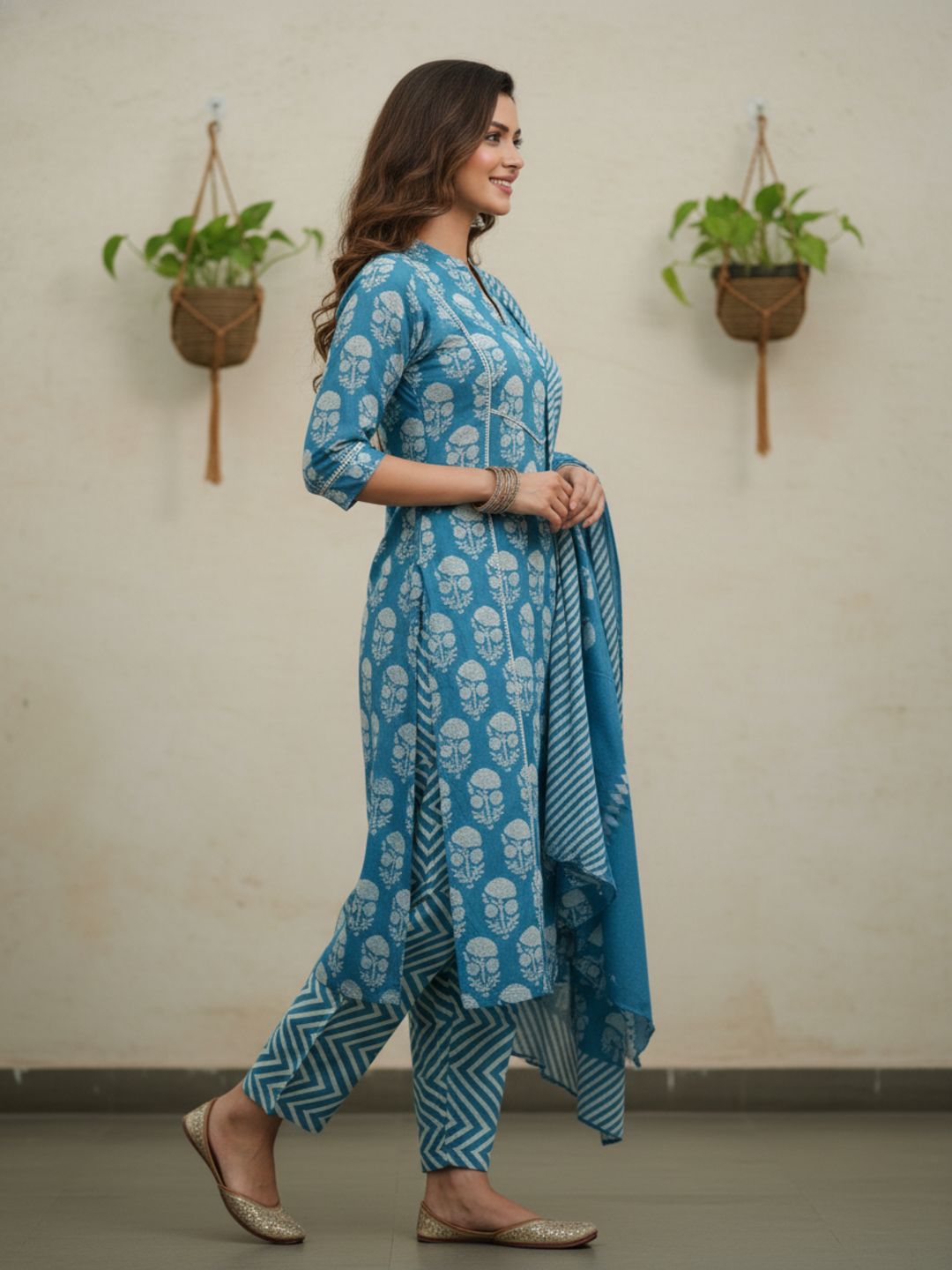 Floral & Ethnic Printed Sequin Embellished Straight Kurta with Pant & Dupatta - Blue