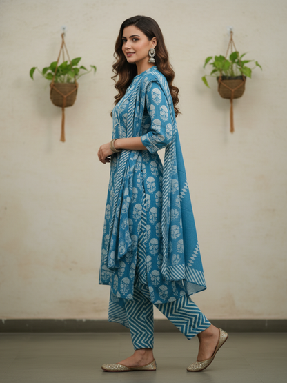 Floral & Ethnic Printed Sequin Embellished Straight Kurta with Pant & Dupatta - Blue