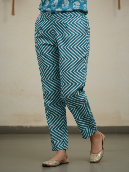 Floral & Ethnic Printed Sequin Embellished Straight Kurta with Pant & Dupatta - Blue