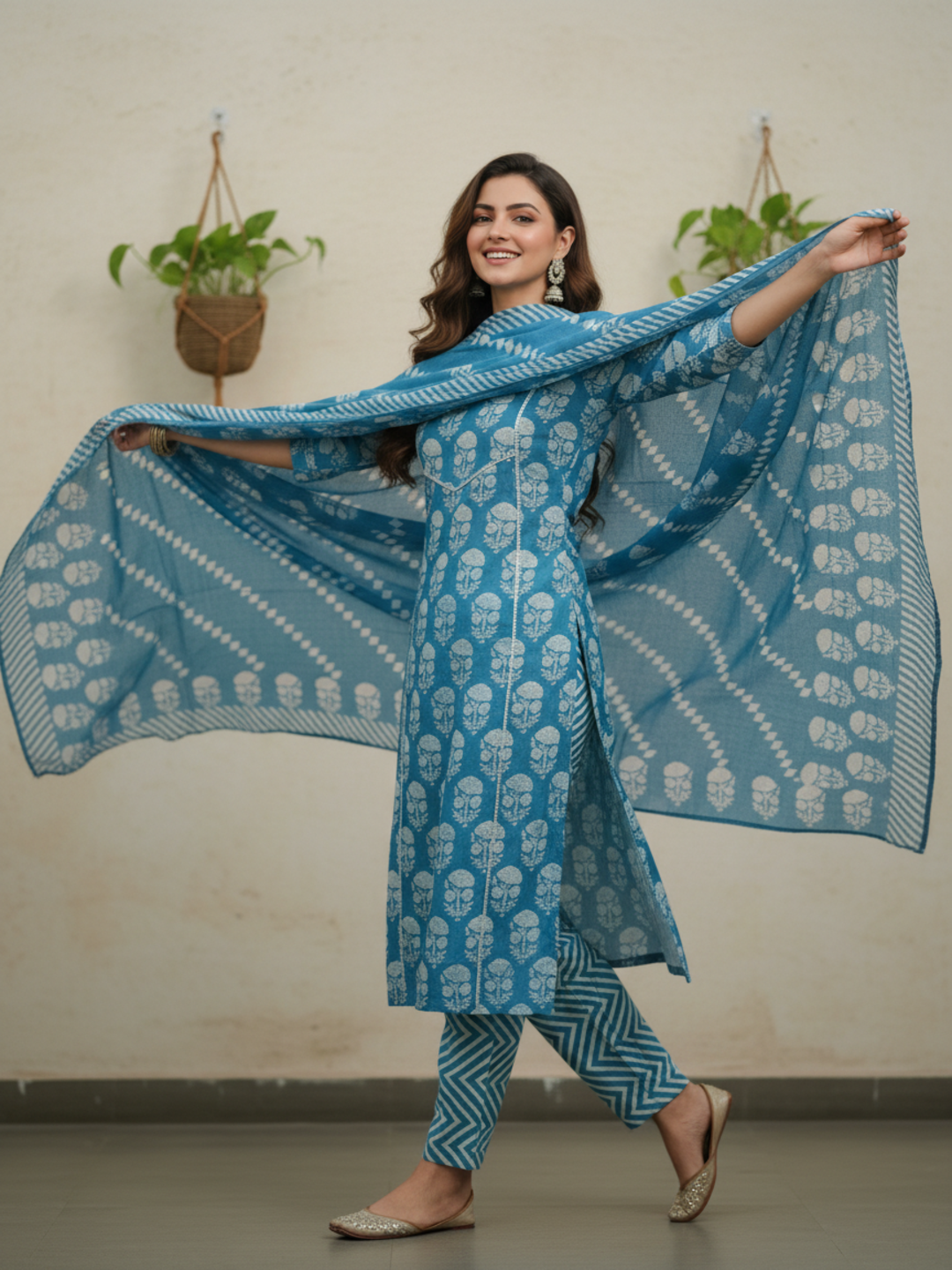 Floral & Ethnic Printed Sequin Embellished Straight Kurta with Pant & Dupatta - Blue