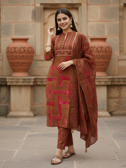 Stripes Printed Embroidered Straight Kurta with Pant & Dupatta - Brown
