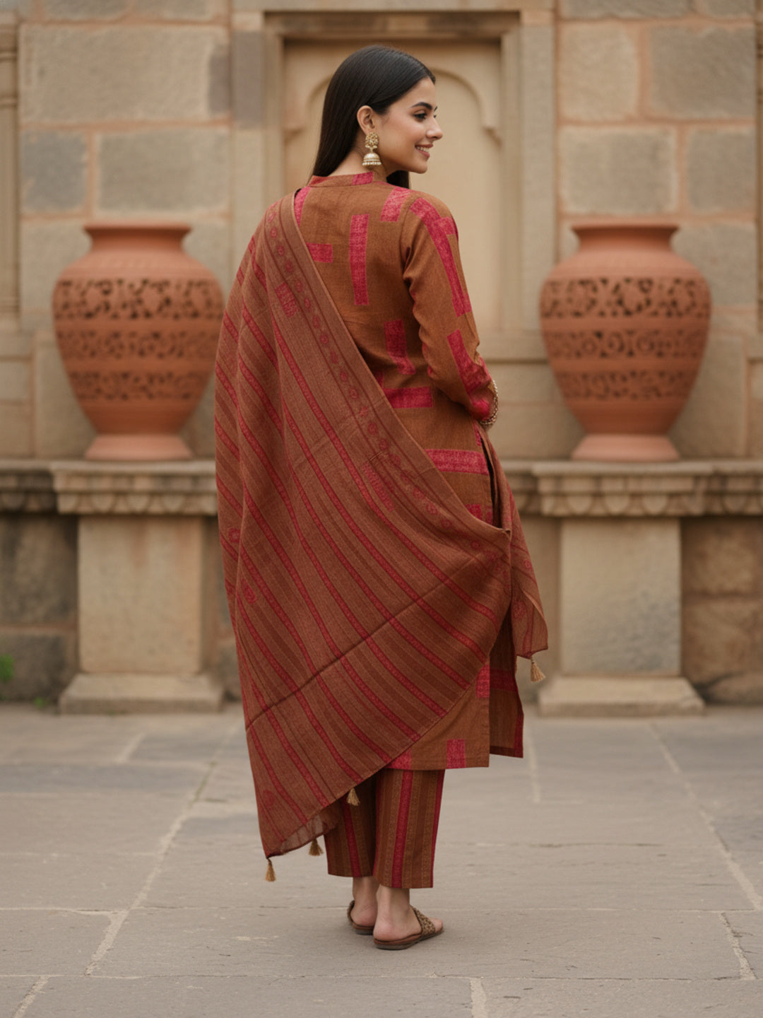 Stripes Printed Embroidered Straight Kurta with Pant & Dupatta - Brown