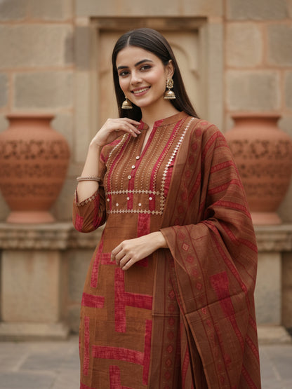 Stripes Printed Embroidered Straight Kurta with Pant & Dupatta - Brown