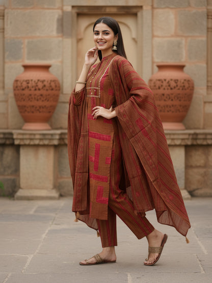 Stripes Printed Embroidered Straight Kurta with Pant & Dupatta - Brown